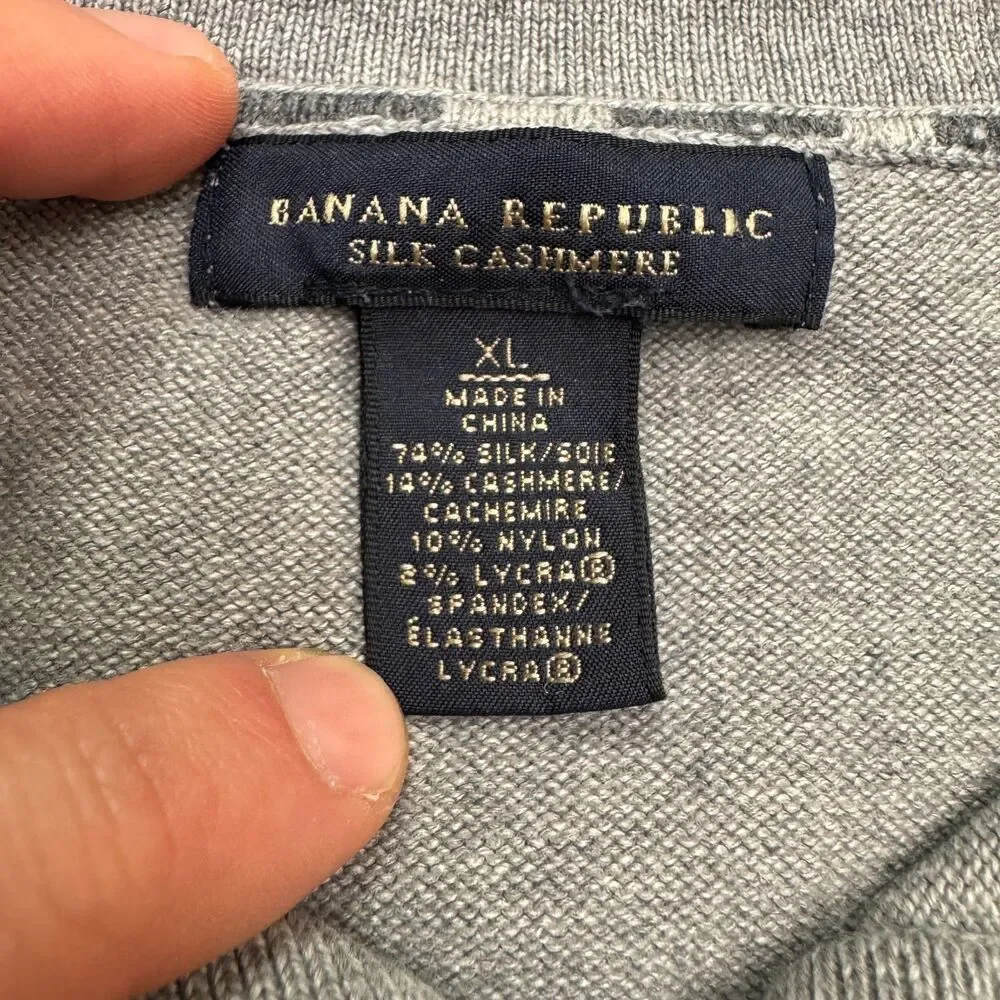 Banana Republic Silk Cashmere Pullover Polo Sweater Mens XL Gray Elbowm Patches